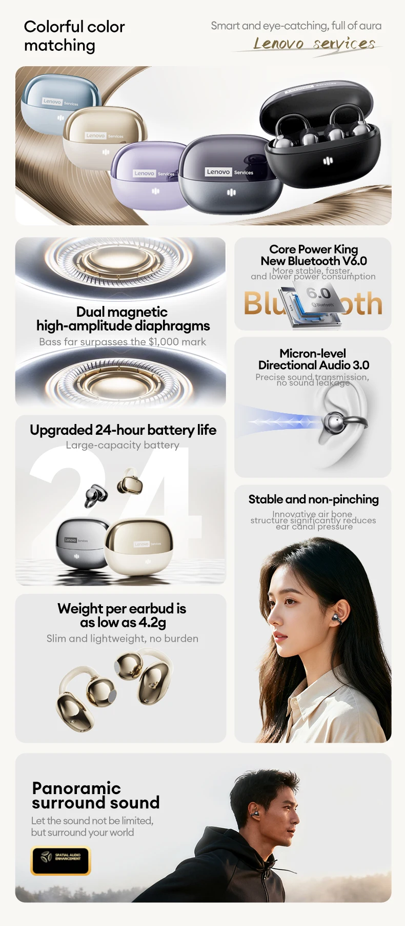 Lenovo RS103 Open Ear Clip Earring Earphones Wireless Bluetooth 6.0 Hifi Stereo Game Music Earbuds W Ear Ornaments Storage Bag