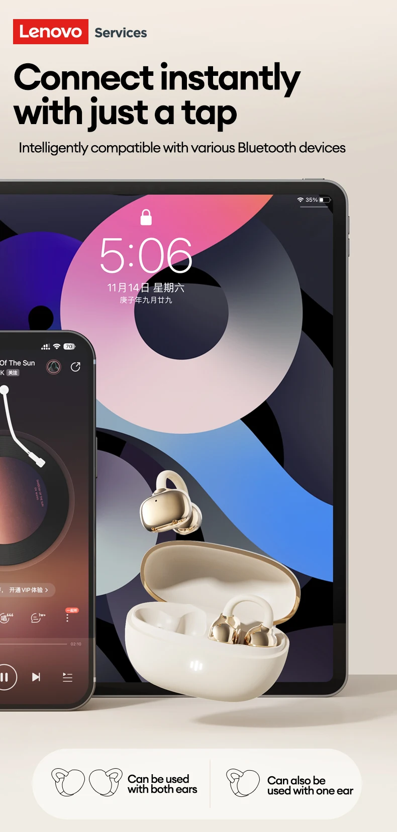 Lenovo RS103 Open Ear Clip Earring Earphones Wireless Bluetooth 6.0 Hifi Stereo Game Music Earbuds W Ear Ornaments Storage Bag