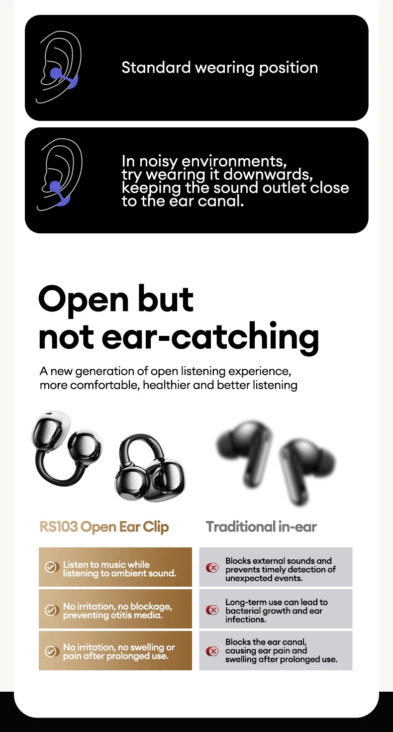 Lenovo RS103 Open Ear Clip Earring Earphones Wireless Bluetooth 6.0 Hifi Stereo Game Music Earbuds W Ear Ornaments Storage Bag