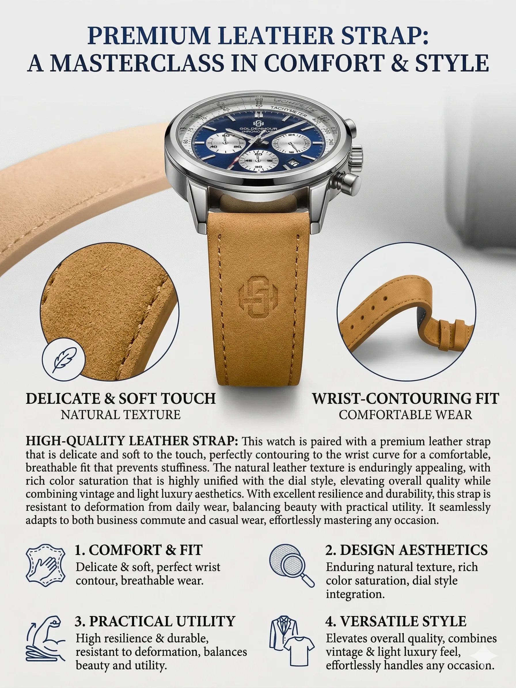 Men's Luxury Watch GOLDENHOUR Green Chronograph Quartz Leather Waterproof Luminous Military Sport Wristwatch Relogio Masculino