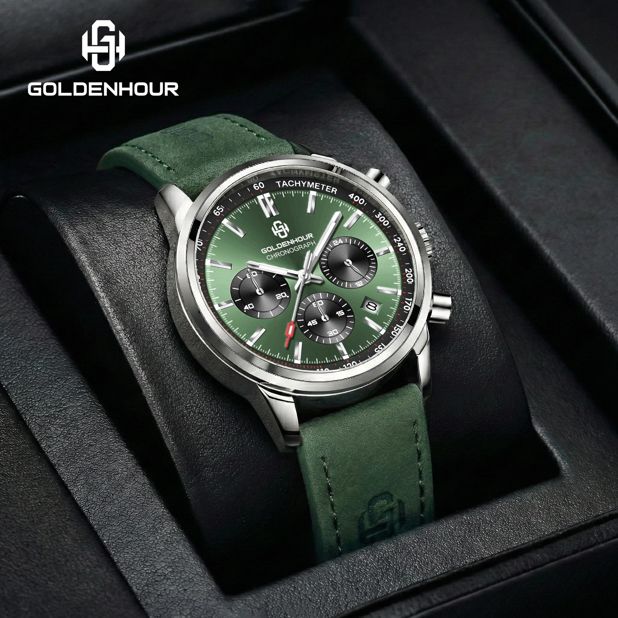 Men's Luxury Watch GOLDENHOUR Green Chronograph Quartz Leather Waterproof Luminous Military Sport Wristwatch Relogio Masculino