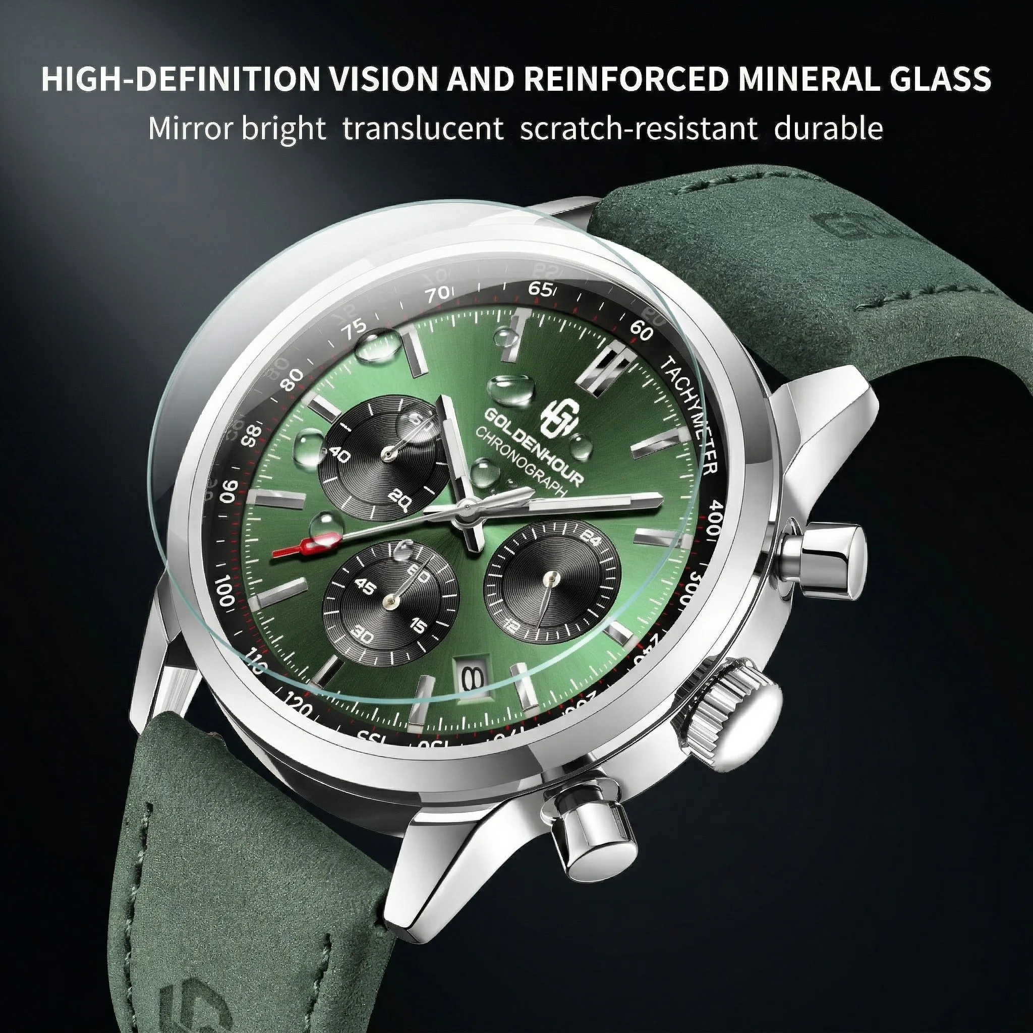 Men's Luxury Watch GOLDENHOUR Green Chronograph Quartz Leather Waterproof Luminous Military Sport Wristwatch Relogio Masculino