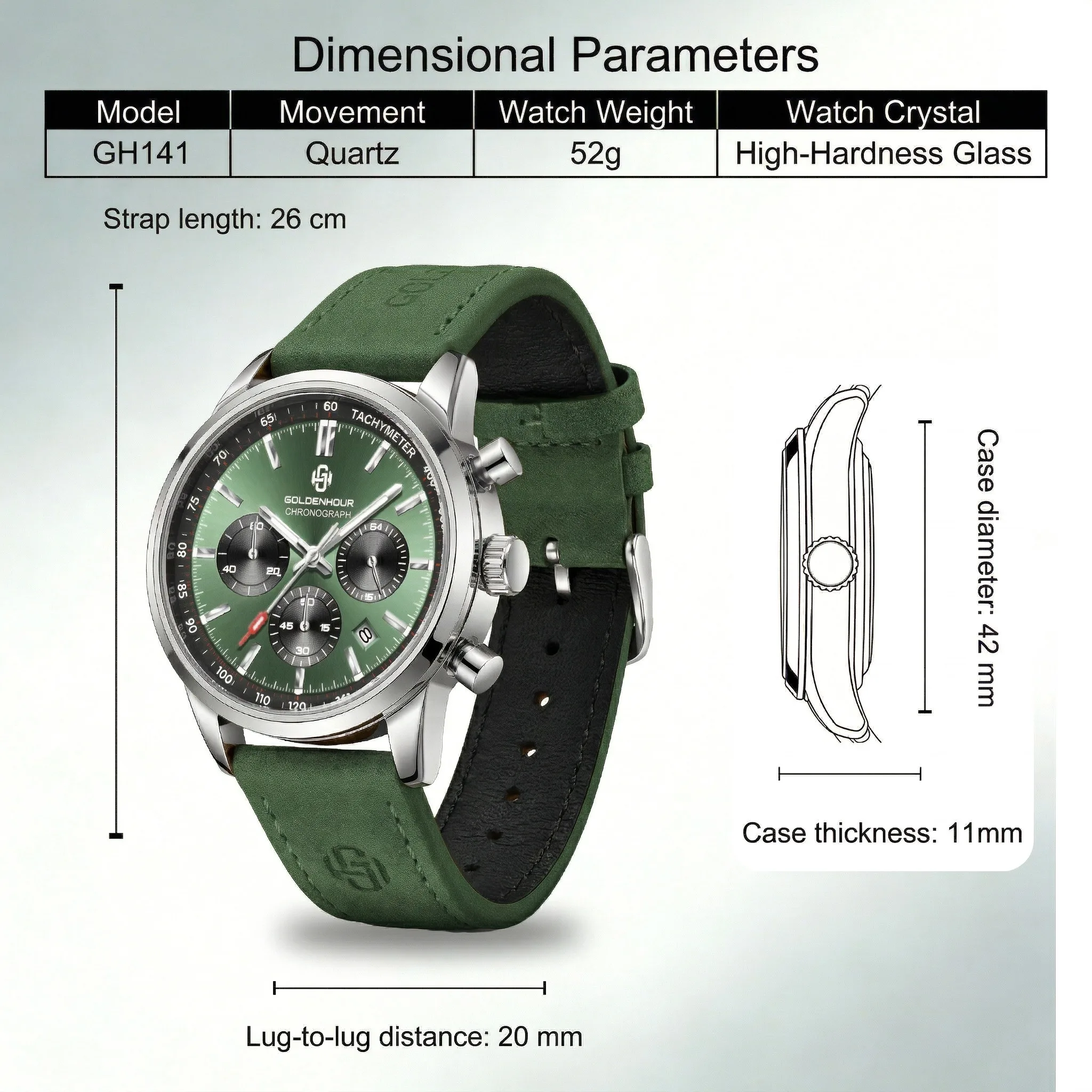 Men's Luxury Watch GOLDENHOUR Green Chronograph Quartz Leather Waterproof Luminous Military Sport Wristwatch Relogio Masculino