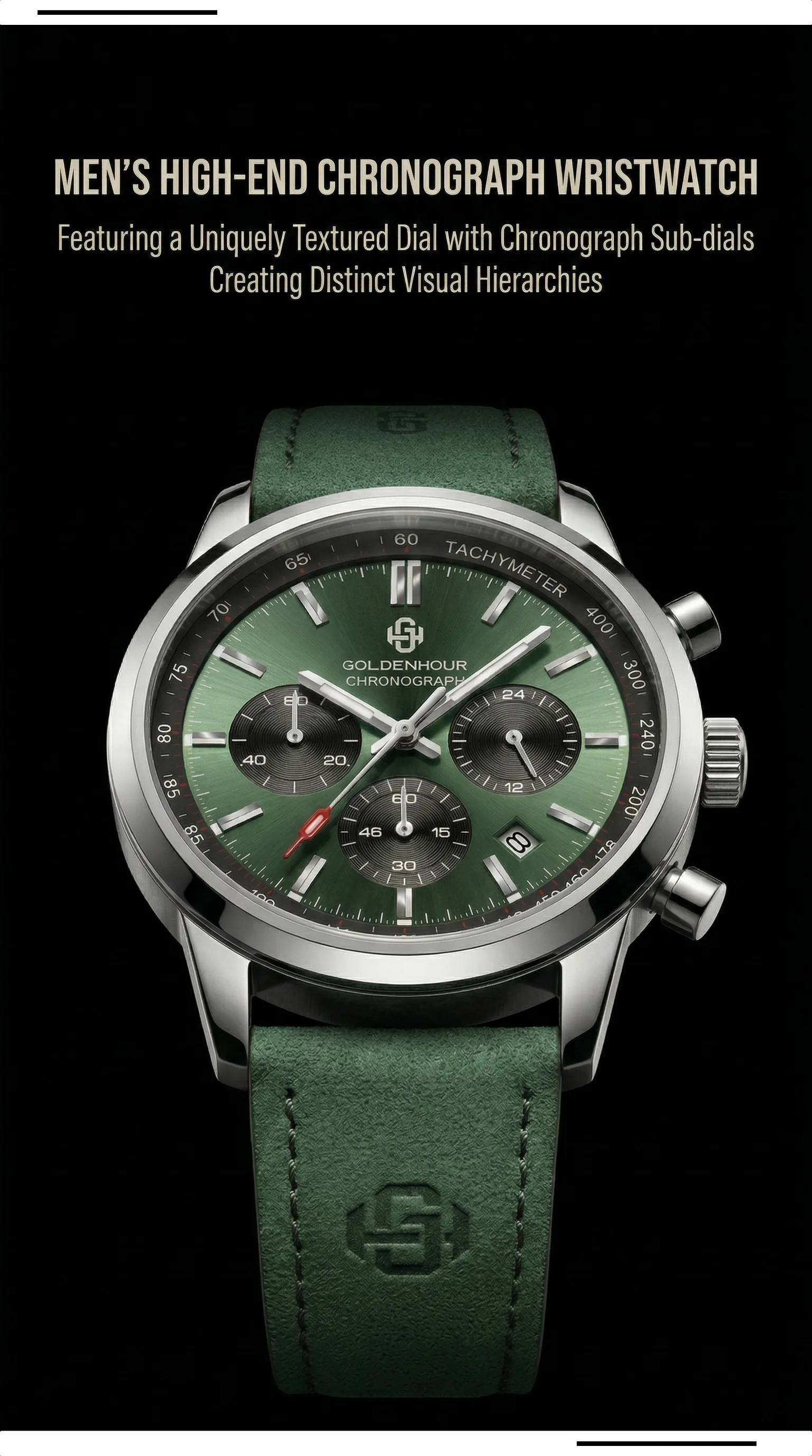 Men's Luxury Watch GOLDENHOUR Green Chronograph Quartz Leather Waterproof Luminous Military Sport Wristwatch Relogio Masculino