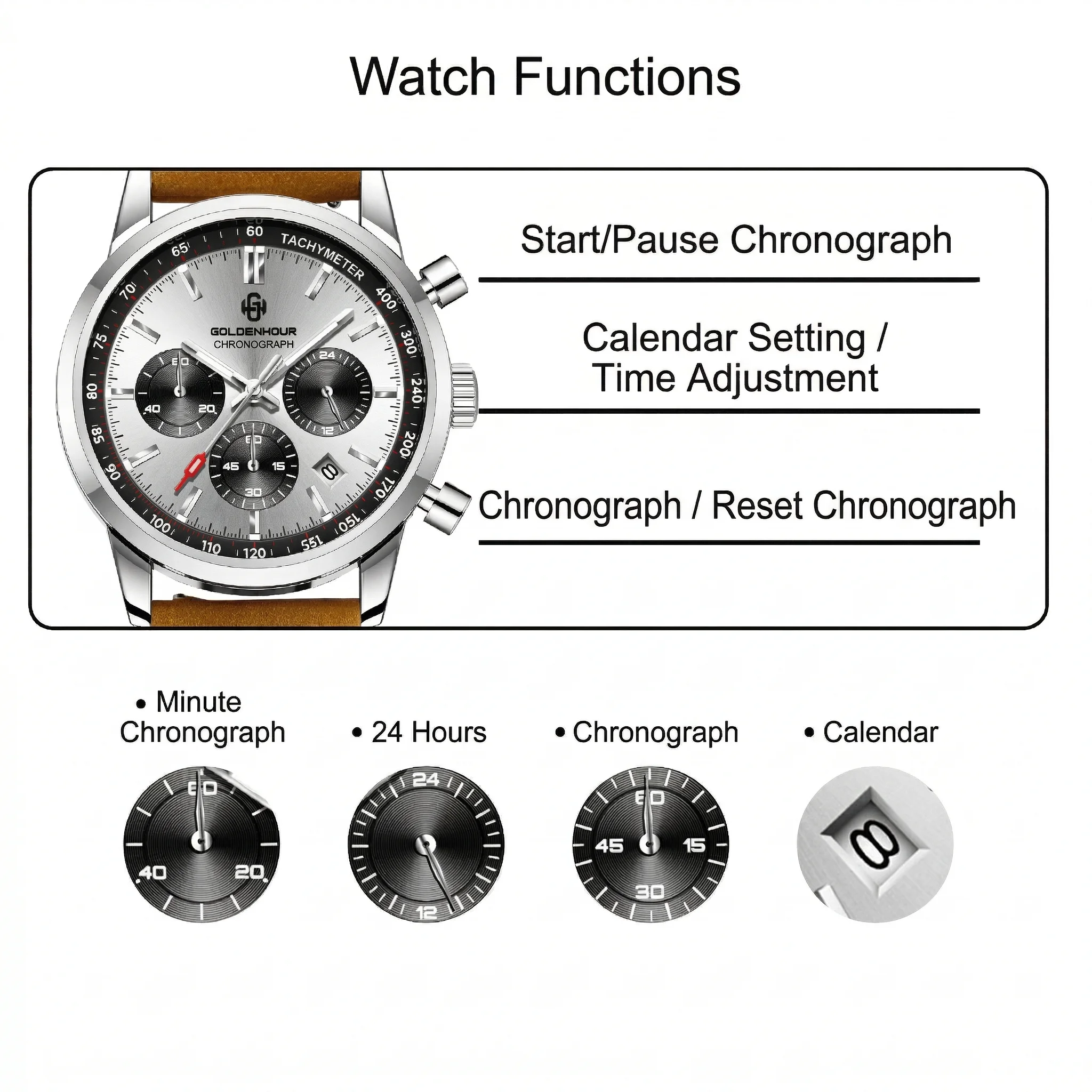 Men's Luxury Watch GOLDENHOUR Green Chronograph Quartz Leather Waterproof Luminous Military Sport Wristwatch Relogio Masculino