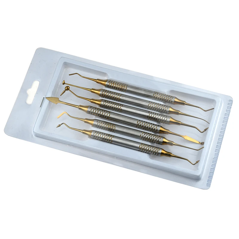 6pcs Dental Composite Resin Filling Spatula Titanium Plated Head Resin Filler Set Thick Handle Restoration Set Dental Instrument