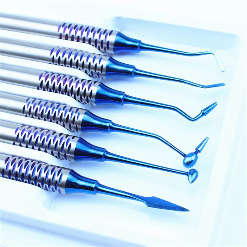 6pcs Dental Composite Resin Filling Spatula Titanium Plated Head Resin Filler Set Thick Handle Restoration Set Dental Instrument