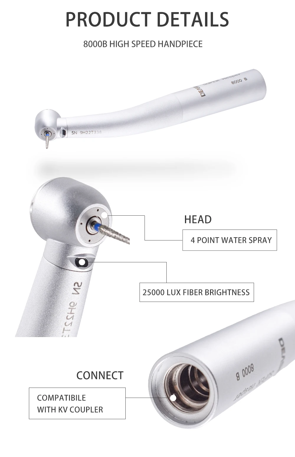 8000B Dental Fiber Optic Handpiece Torque Head Air Turbine Ceramic Bearing Dentist Tool Compatible with KAVO 6 Hole Connectors