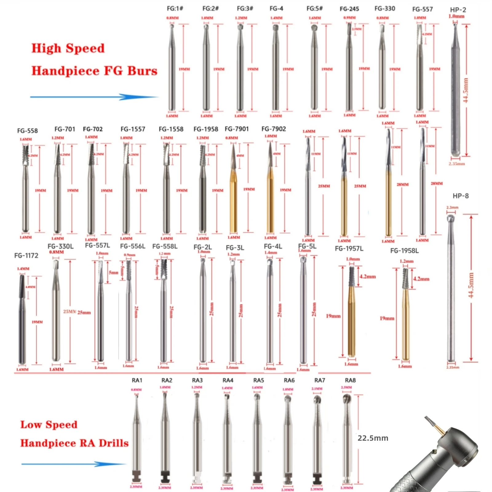 1Pack Dental Tungsten Carbide Steel Burs FG/Endo/FGXL/RA for High/Low Speed Handpiece Tungsten steel Dentist Lab & Clinic Use