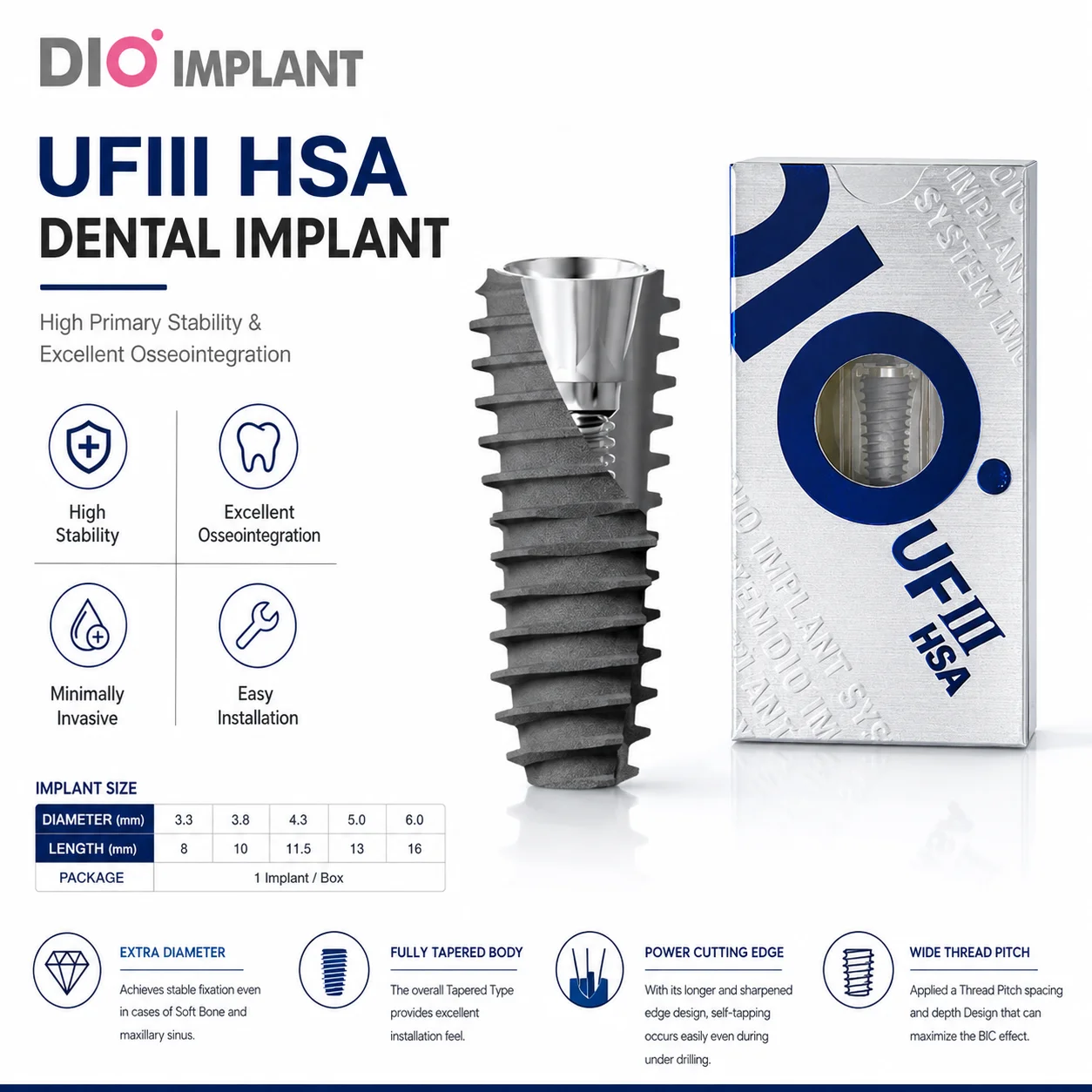 Dental DIO UFIII HSA Implant Fixture Internal Hex Submerged Type Grade 4 Titanium SLA Surface for Dental Surgery