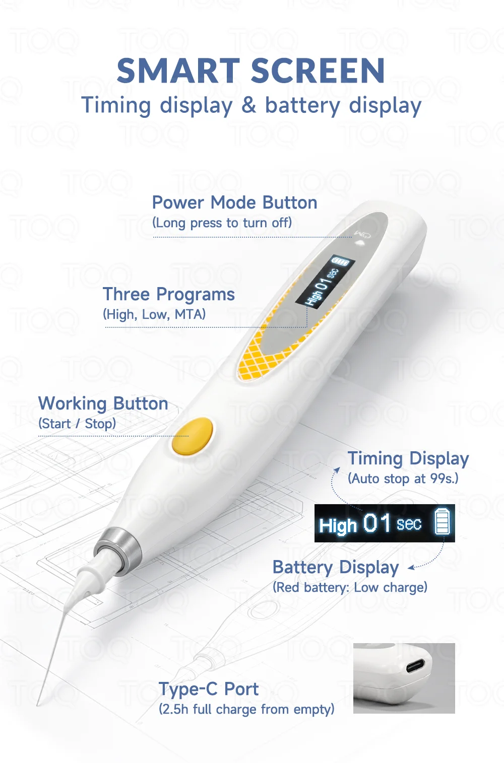 TOQ Canal Cleaning Device Dental Wireless Endo Activator Sonic Irrigator 3 Modes Endodontic Type‑C Rechargeable Root 60 Tips
