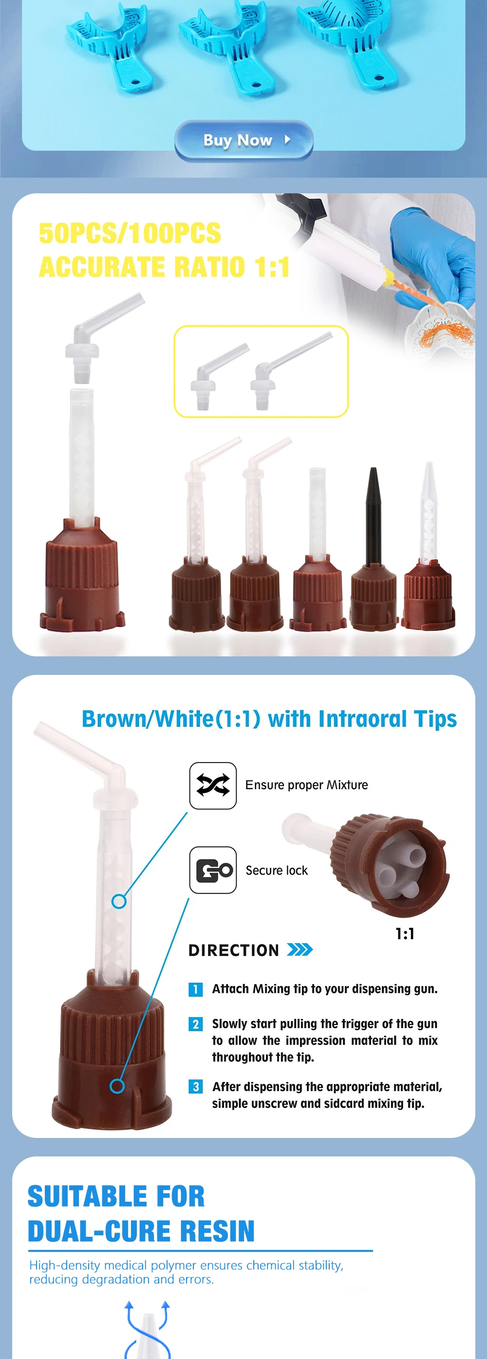 50PCS Dental Disposable Mixing Tips Brown 1:1 Intraoral Tips Mixing Head for Light Weight Silicone Rubber Materials Impression