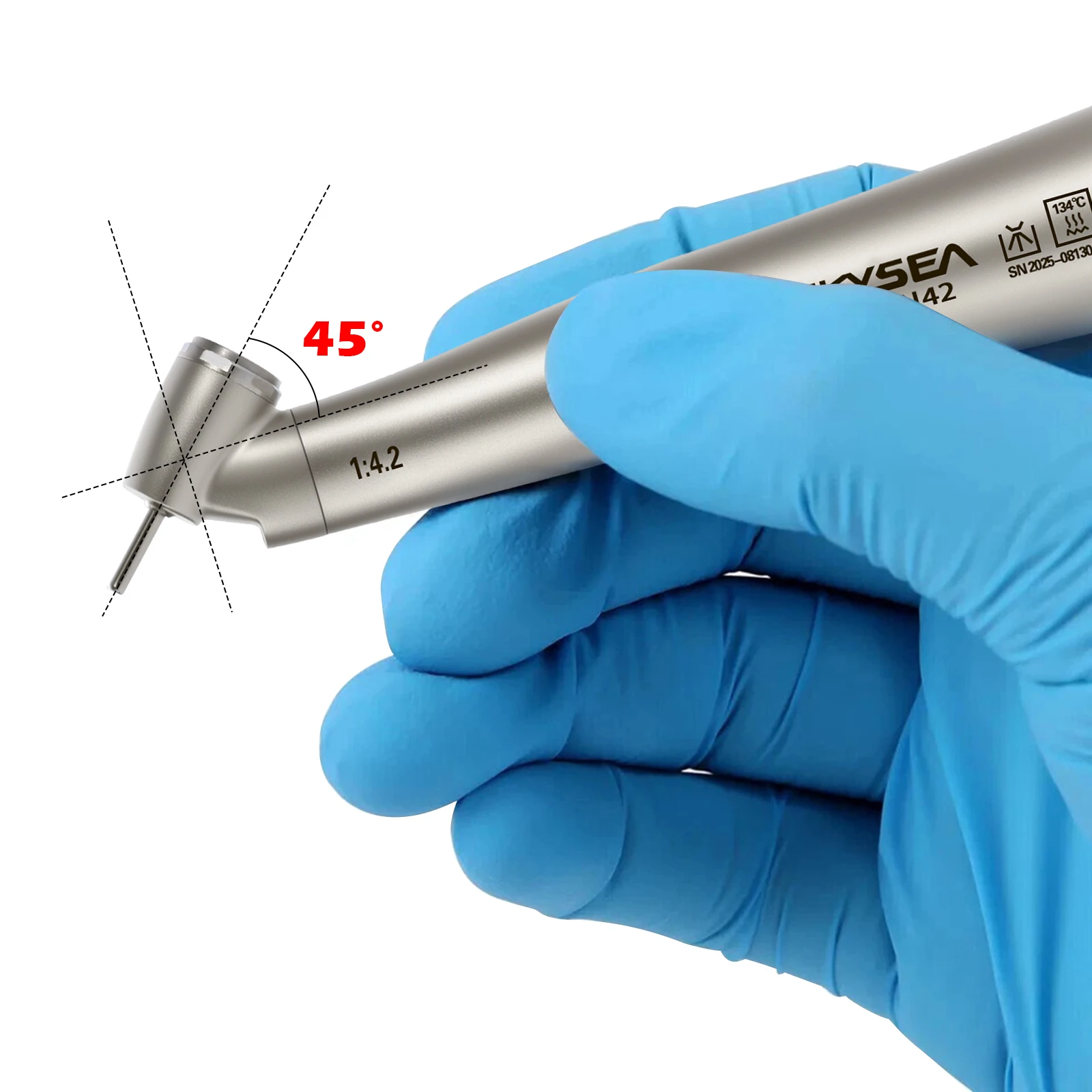 SKYSEA Dental Fiber Optic 1:4.2 Increasing Speed Handpiece 45°Angle LED Contra Angle Inner 4 Way Spray