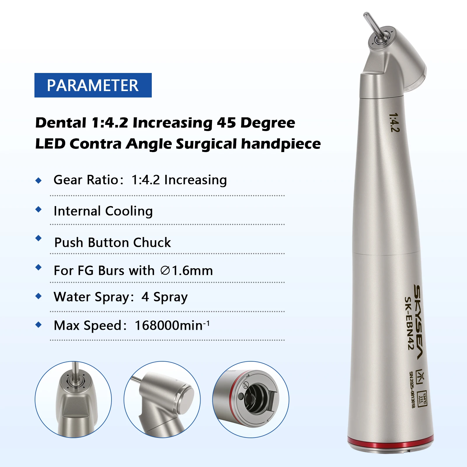 SKYSEA Dental Fiber Optic 1:4.2 Increasing Speed Handpiece 45°Angle LED Contra Angle Inner 4 Way Spray