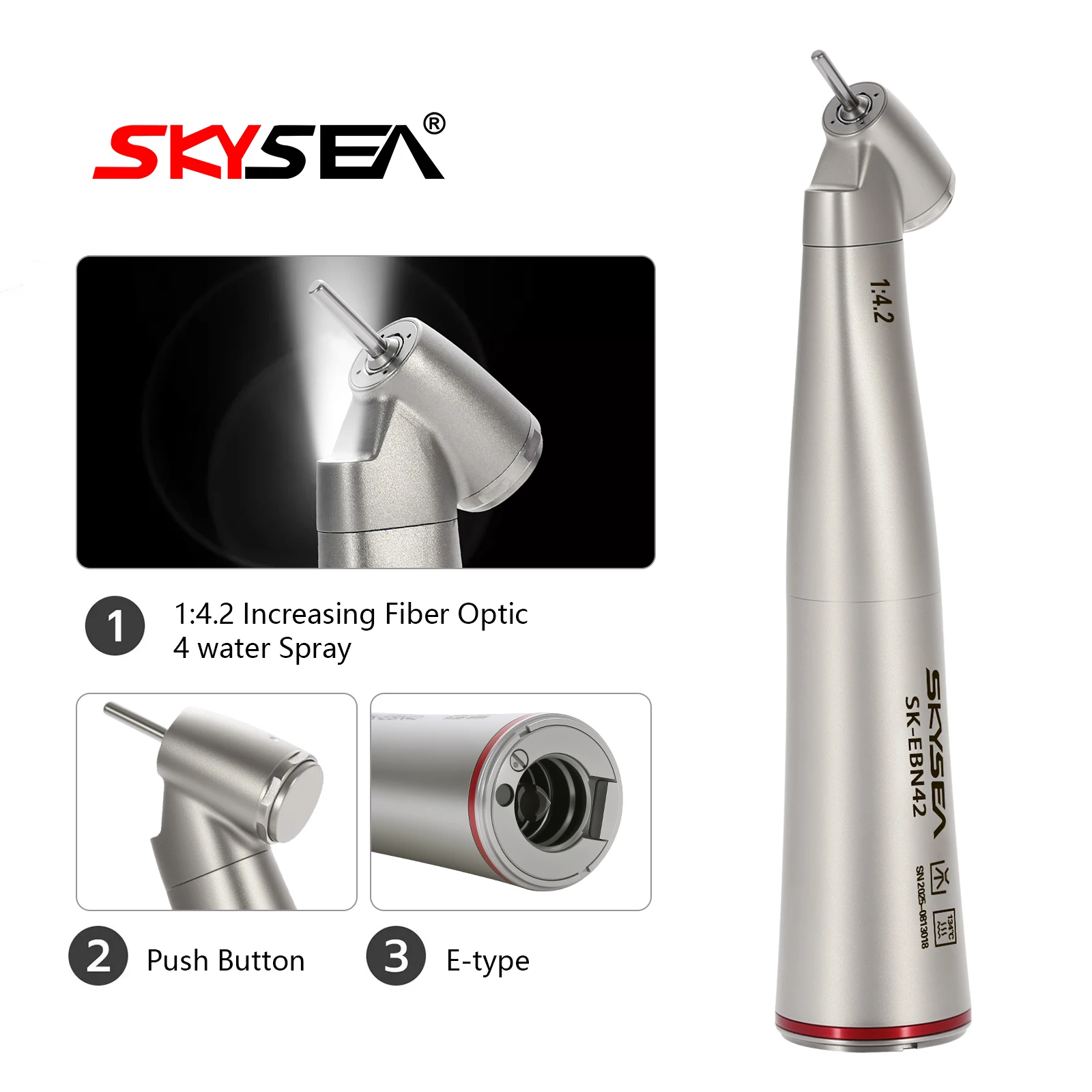 SKYSEA Dental Fiber Optic 1:4.2 Increasing Speed Handpiece 45°Angle LED Contra Angle Inner 4 Way Spray