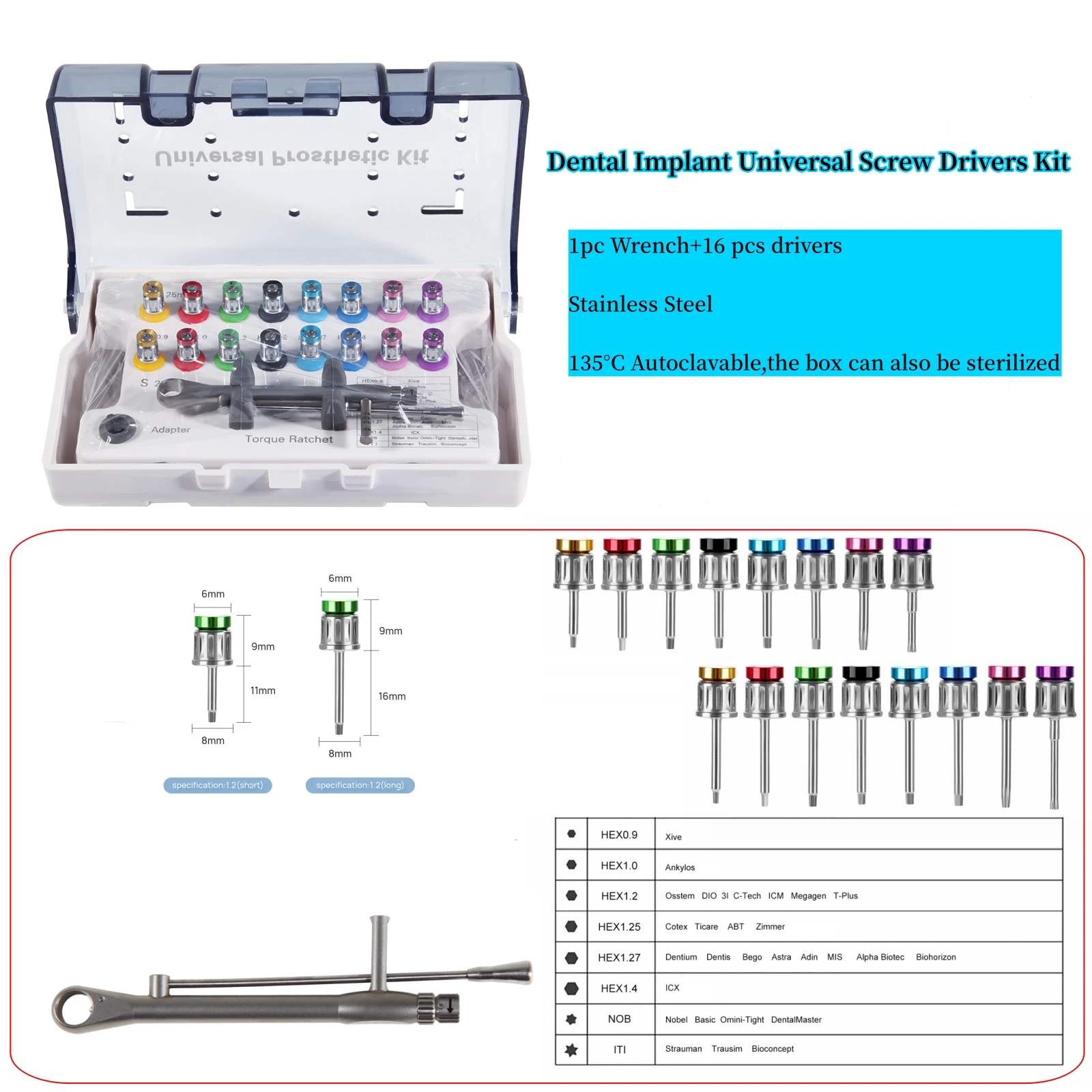 Dental Universal Implant Prosthetic Kit Torque Ratchet Wrench Screw Drivers Remover Dentistry Implant Tools