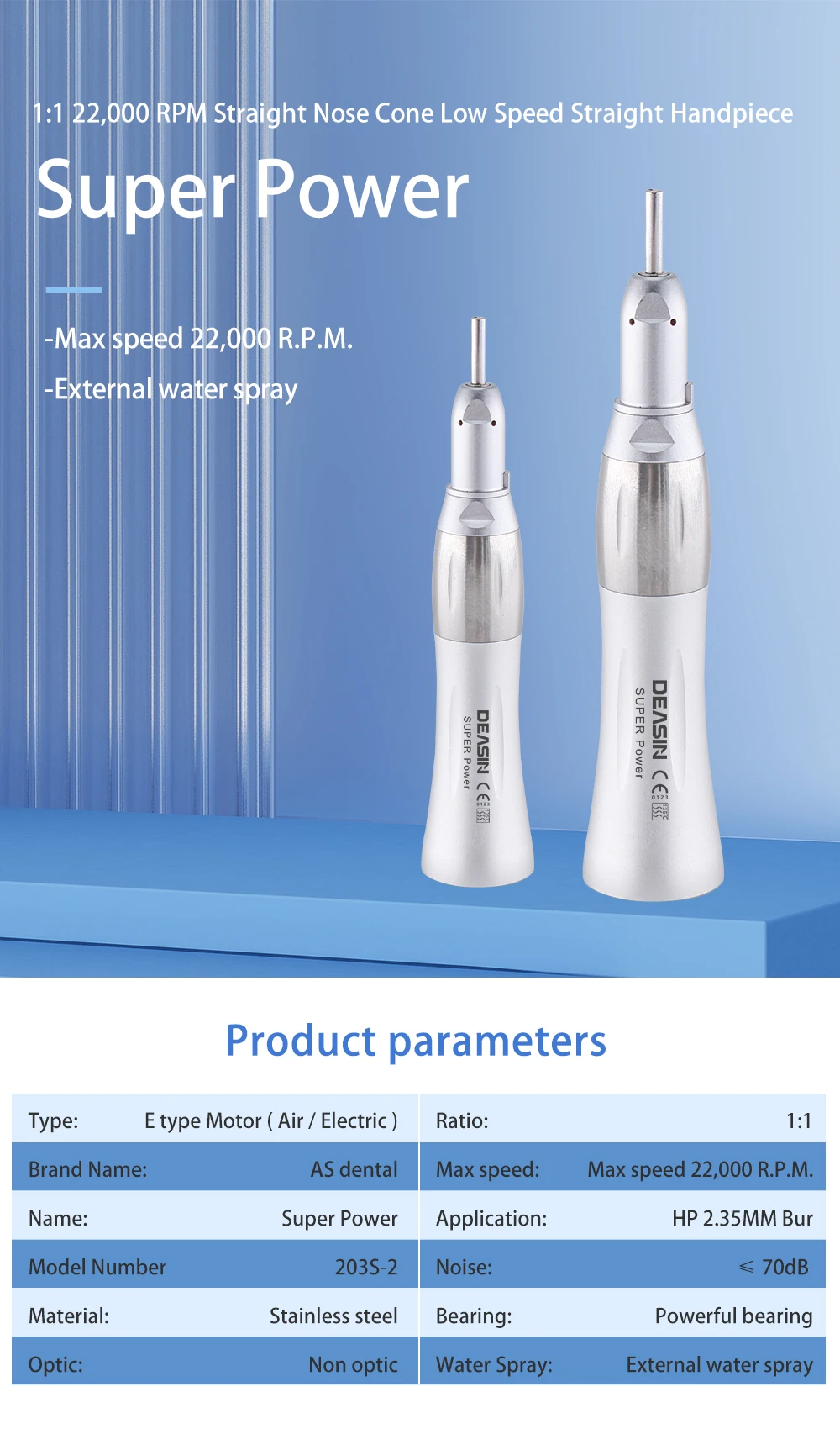 DEASIN Dental Straight Low Speed Handpiece 22,000 RPM Ratio 1:1 for Lab E-type Motors Dentist Tools