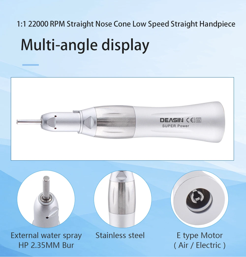 DEASIN Dental Straight Low Speed Handpiece 22,000 RPM Ratio 1:1 for Lab E-type Motors Dentist Tools