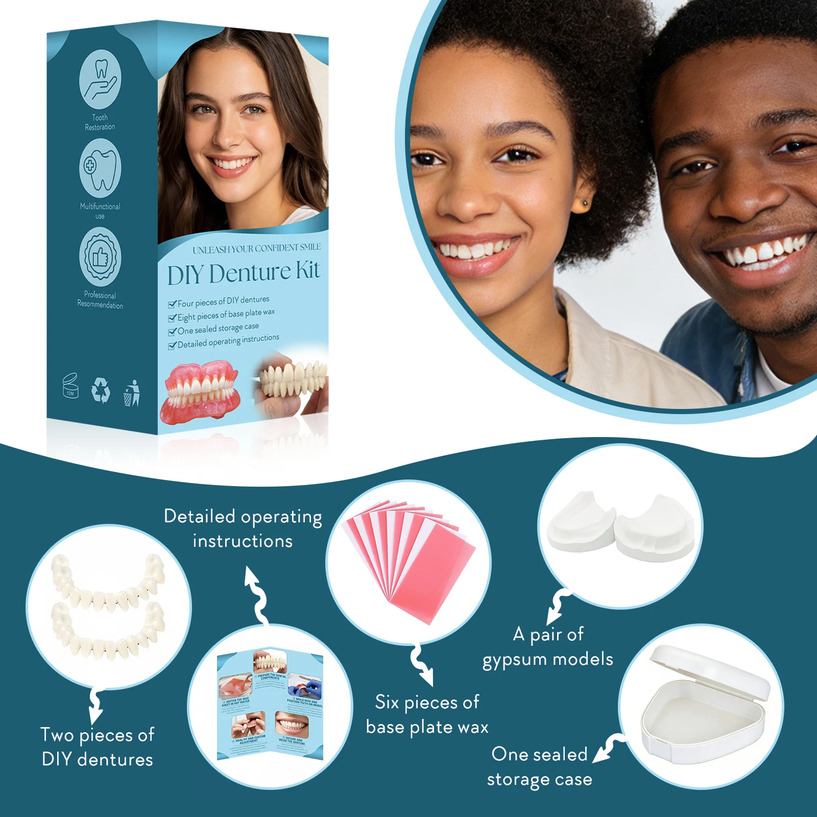 DIY Temporary Denture Kit with Upper & Lower False Teeth, Wax Strips & Gypsum Models, Reusable Teeth Restoration & Repair Tool