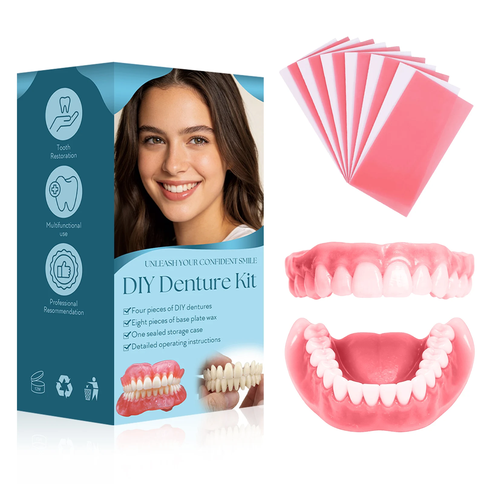 DIY Temporary Denture Kit with Upper & Lower False Teeth, Wax Strips & Gypsum Models, Reusable Teeth Restoration & Repair Tool