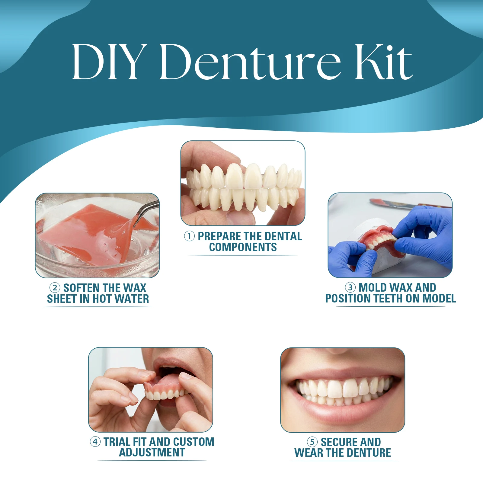 DIY Temporary Denture Kit with Upper & Lower False Teeth, Wax Strips & Gypsum Models, Reusable Teeth Restoration & Repair Tool