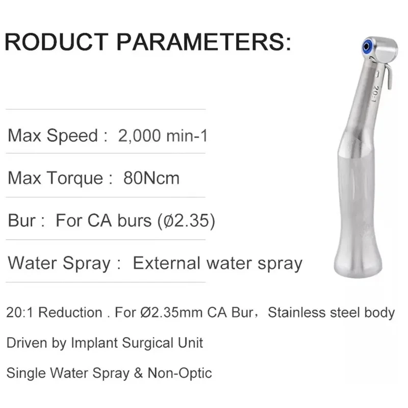 JUMTOP Dental Implant Contra Angle 20:1 Reduction Low Speed Handpiece Push Button Chuck External Spray Implant Handpiece