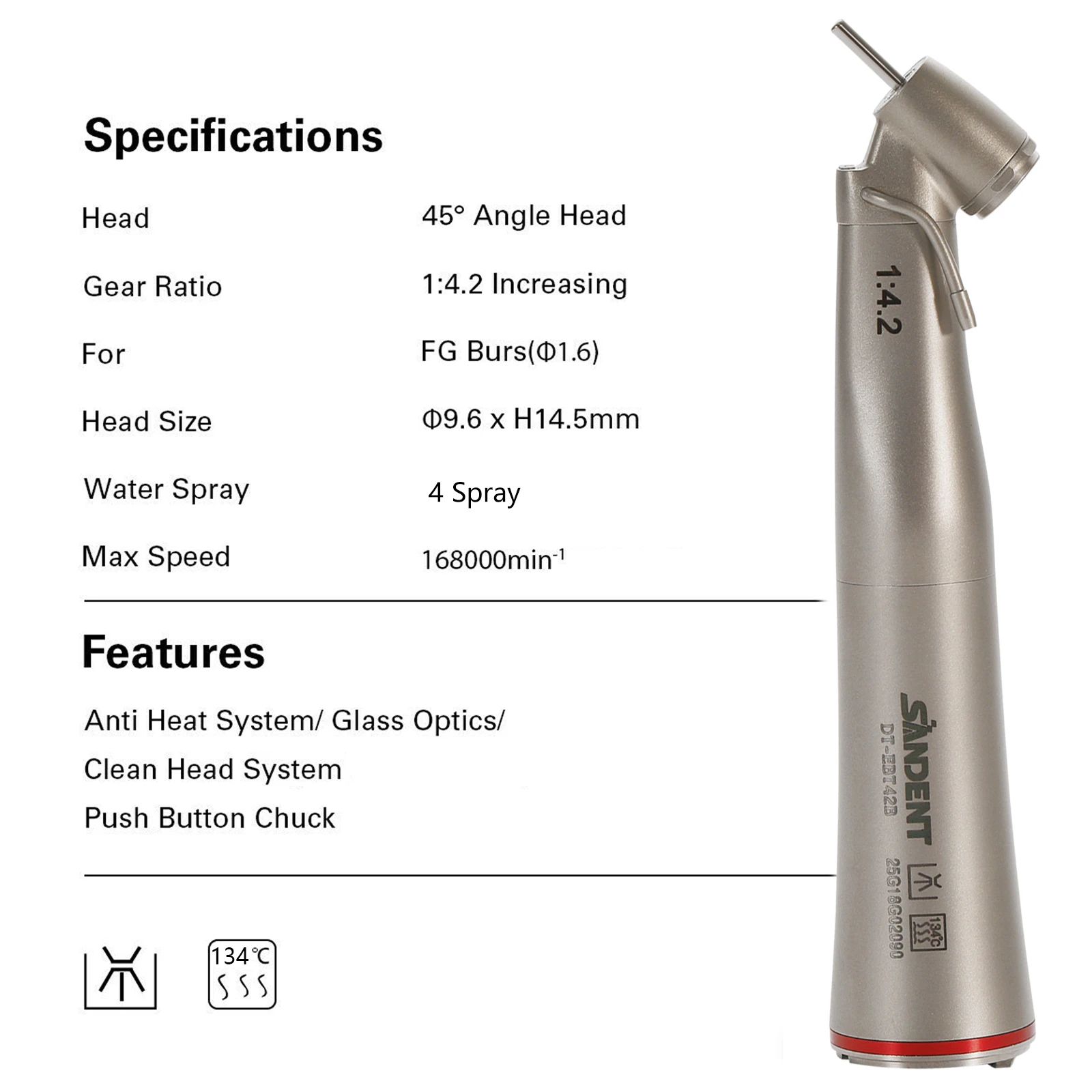 Dental LED Handpiece 1:4.2 45 ° Inner/externa sprayl/1:1/1:5 Increasing Contra Angle Surgical Fiber Optic ceramic bearing