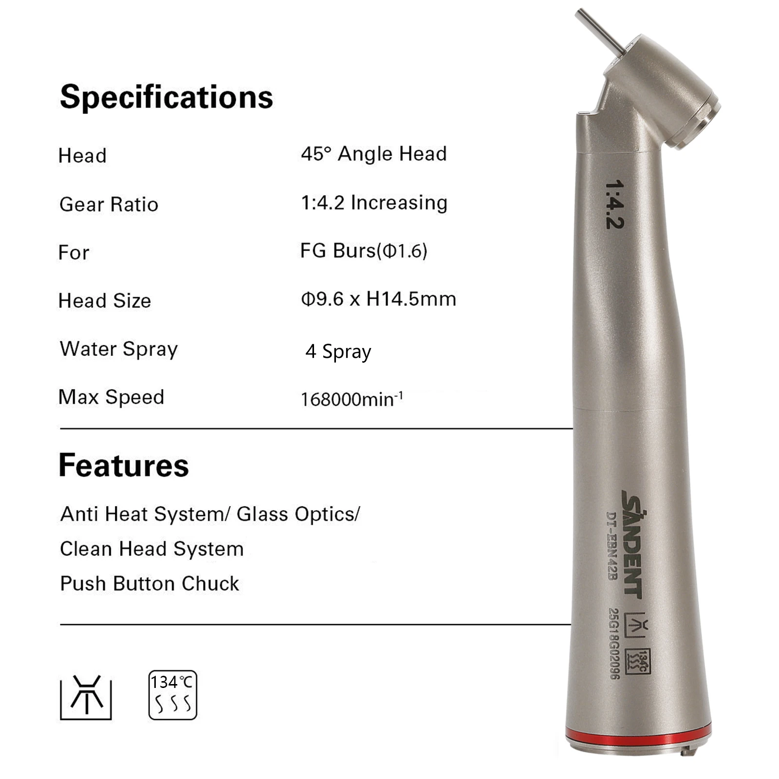 Dental LED Handpiece 1:4.2 45 ° Inner/externa sprayl/1:1/1:5 Increasing Contra Angle Surgical Fiber Optic ceramic bearing