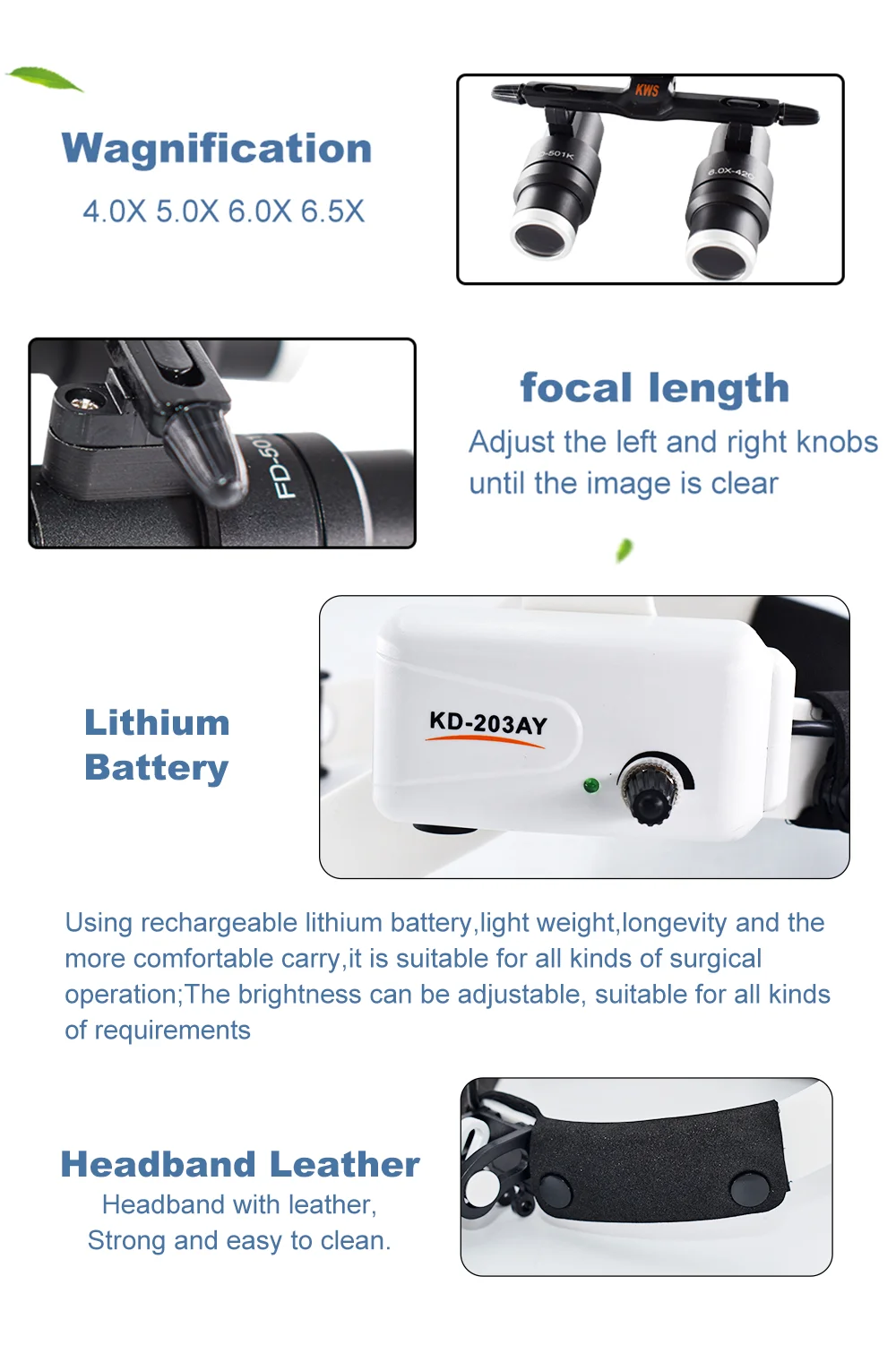Dental Original KWS 4X 5X 6X LED Surgical Binocular Magnifier Loupes Magnifier 420mm Medical Surgica Dental Headlamp