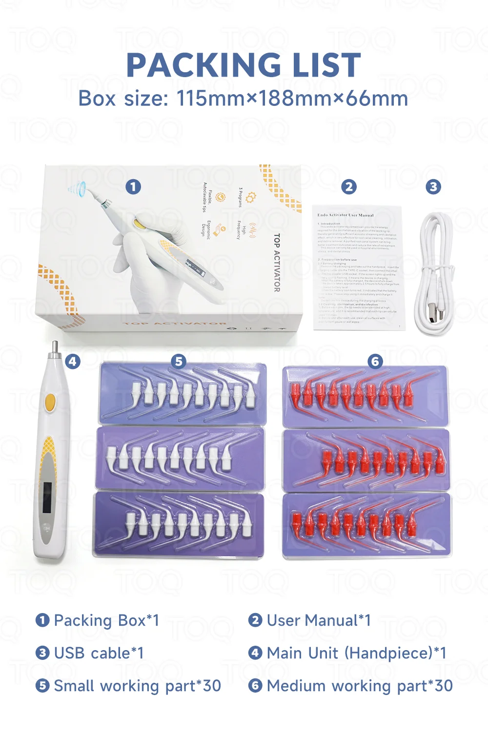 TOQ Wireless Endo Activator Sonic Irrigator Type‑C Rechargeable 3‑Mode Root Canal Cleaning Device 60Pcs Replacement Tips