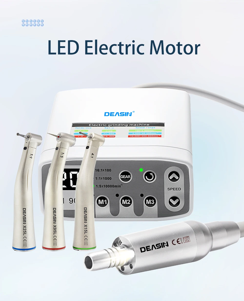DEASIN Dental Clinical Brushless LED Electric Micromotor Work With 1:1/1:5/4:1 LED Contra Angle Dentist Low Speed Handpiece