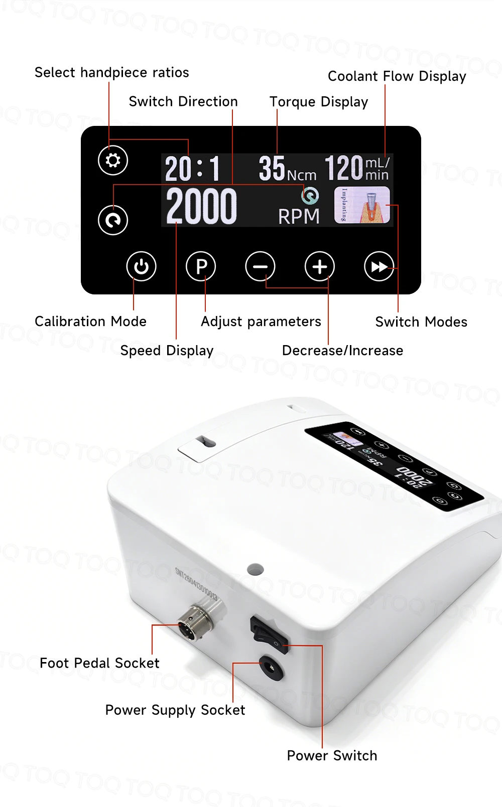 TOQ Dental Brushless Mini LED Portable Professional Implant Motor For 20:1/4:1/1:4:2 Angle Handpiece Bone Surgery Electric