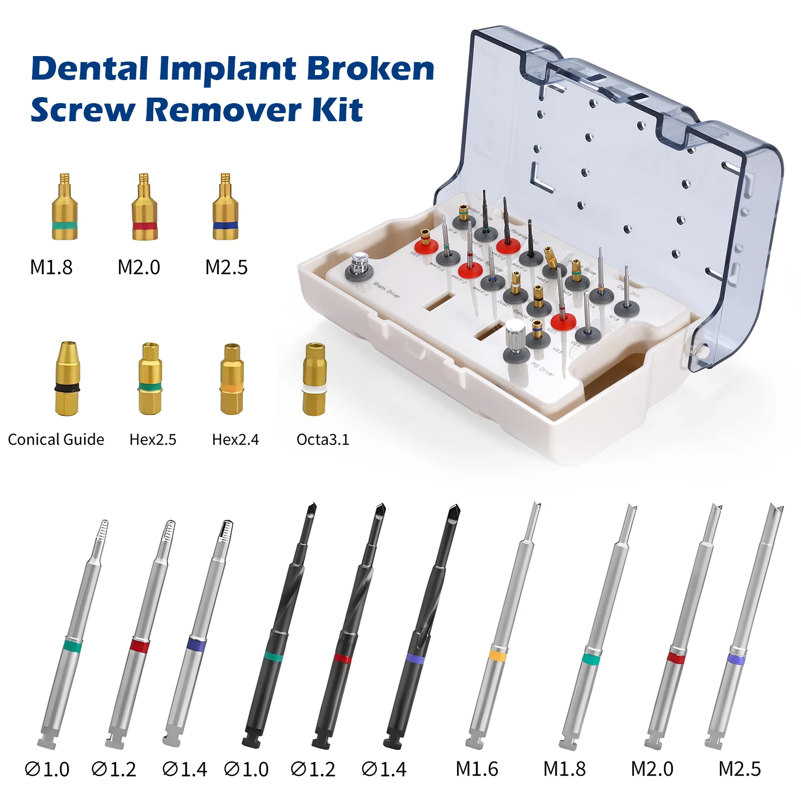 Dental Universal Implant Removal Kit Stainless Steel Screws Golden/Plastic Box Broken Screws Extract