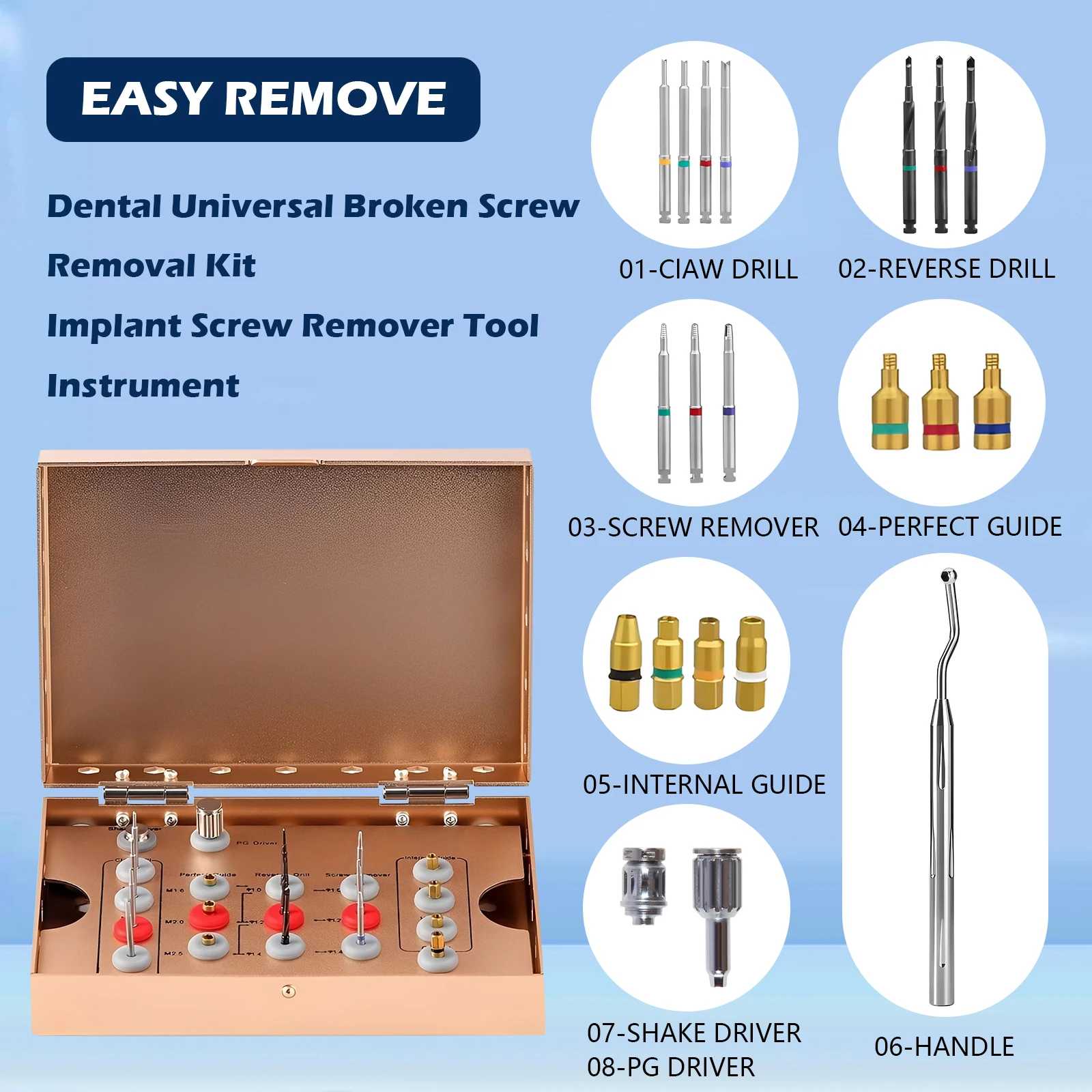 Dental Universal Implant Removal Kit Stainless Steel Screws Golden/Plastic Box Broken Screws Extract