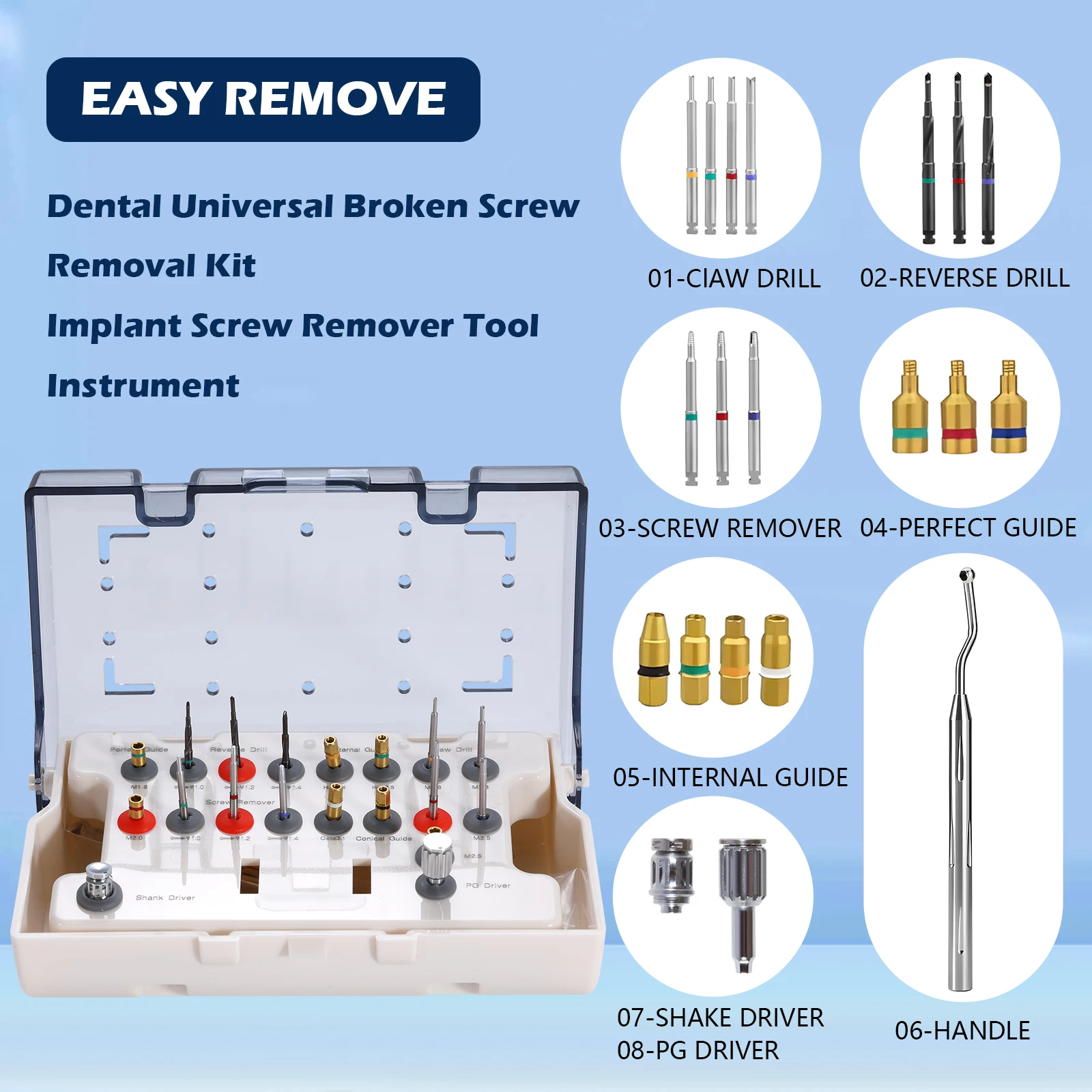 Dental Universal Implant Removal Kit Stainless Steel Screws Golden/Plastic Box Broken Screws Extract