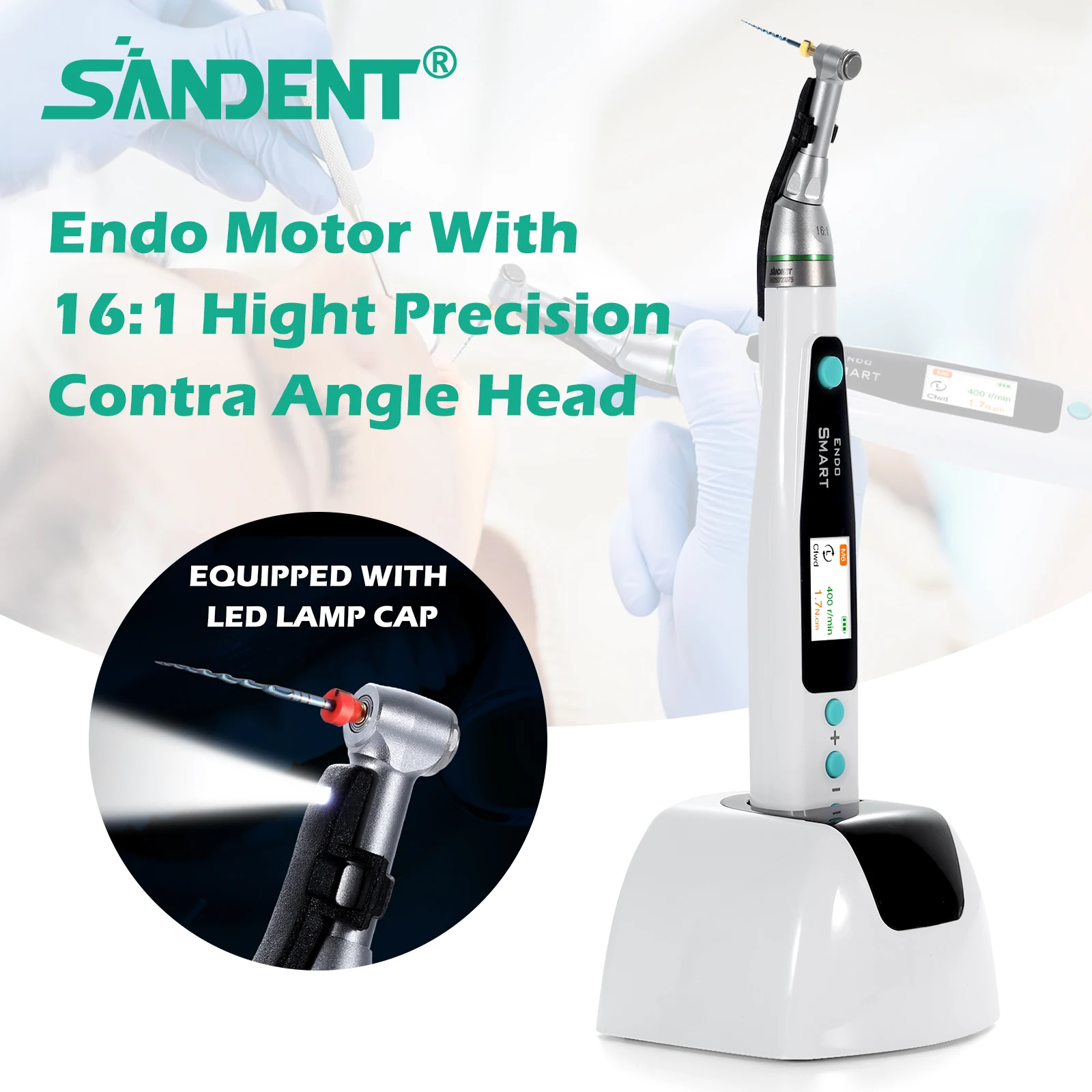 SANDENT Dental Endodontic Cordless LED Endo Motor 16:1 Contra Angle Handpiece for Root Canal Therapy