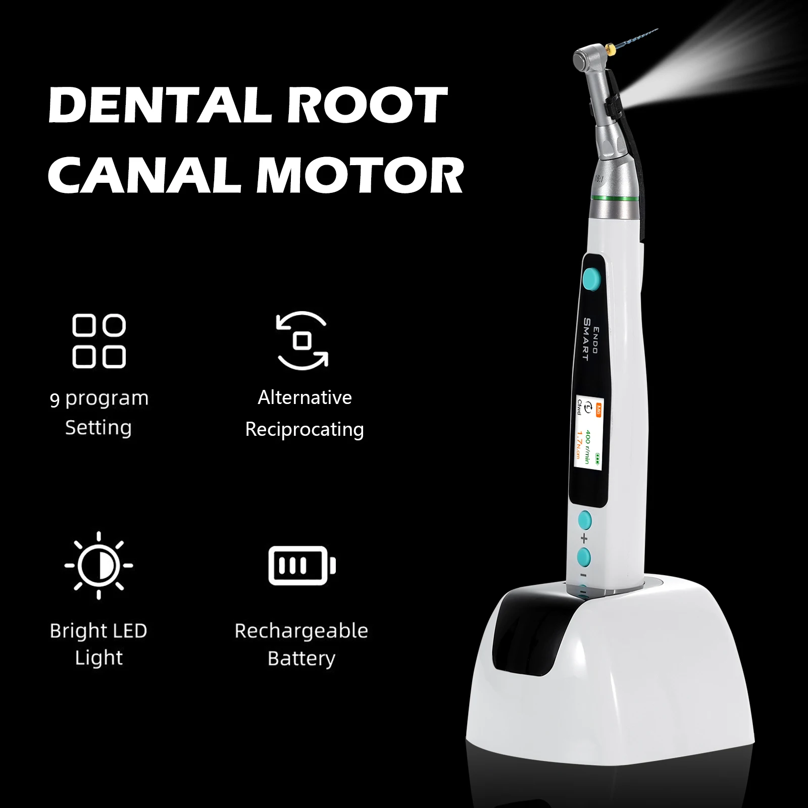 SANDENT Dental Endodontic Cordless LED Endo Motor 16:1 Contra Angle Handpiece for Root Canal Therapy