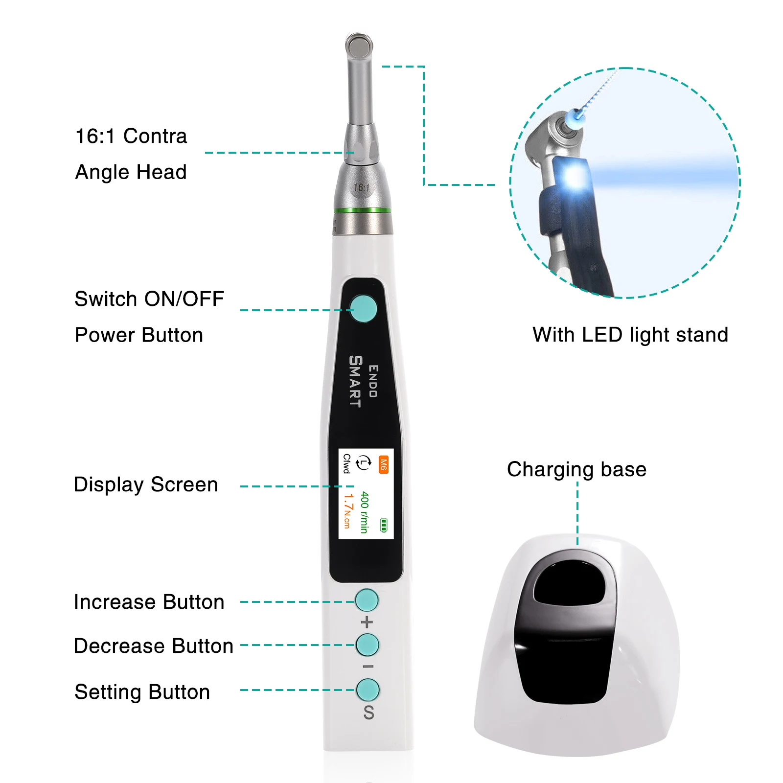 SANDENT Dental Endodontic Cordless LED Endo Motor 16:1 Contra Angle Handpiece for Root Canal Therapy