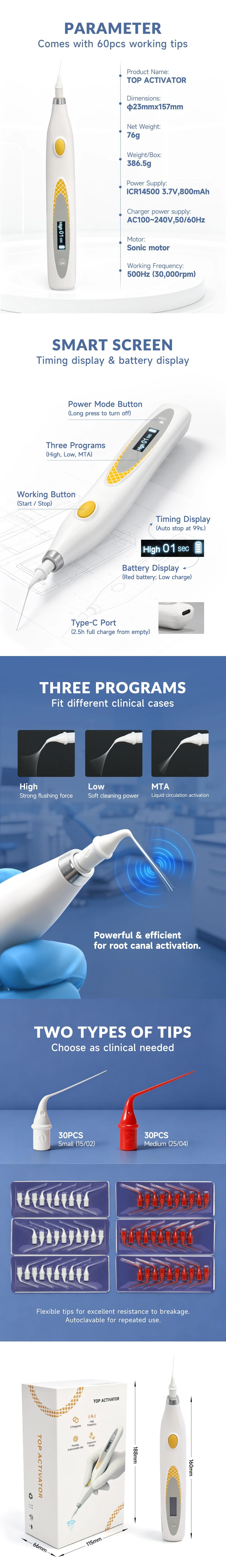 JUMTOP High Frequency Dental Ultrasonic Activator, 60Pcs Free Flexible Tips, 3 Programs for Root Canal Activation