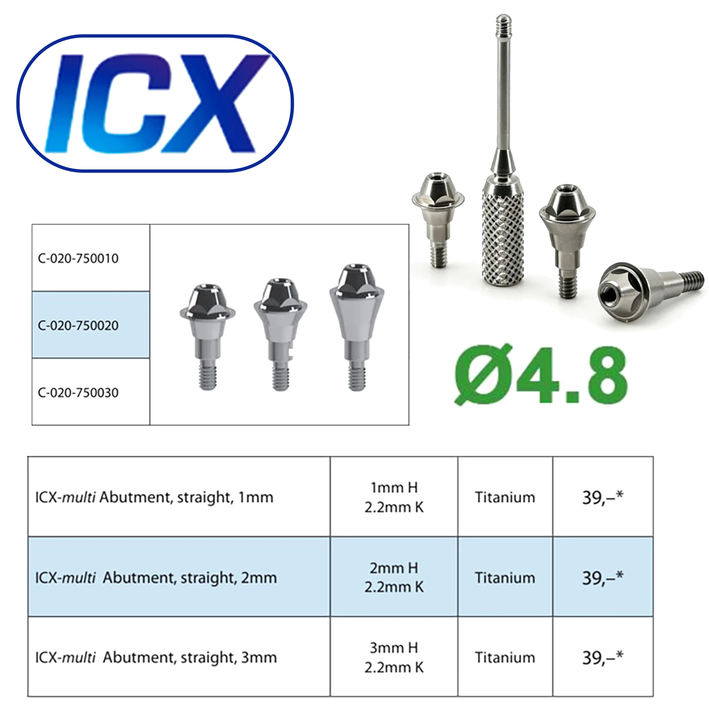 For ICX Implant System Dental Healing Abutment Healing Cap Cover Screw Lab Analog Digital Analog Multi Unit Straight Abutment