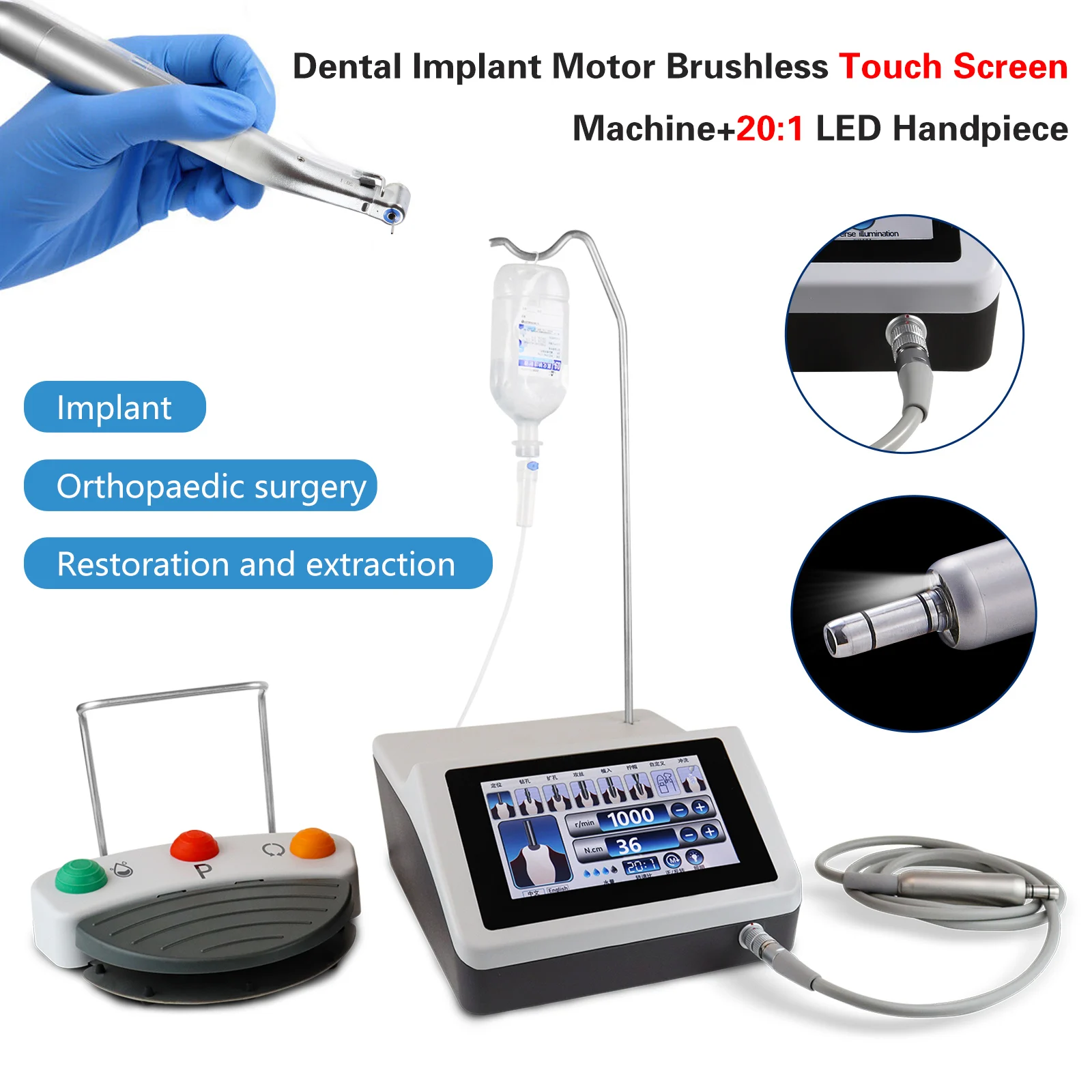Dental Implant Motor System Surgical Brushless Motor with 20:1 Contra Angle YBB
