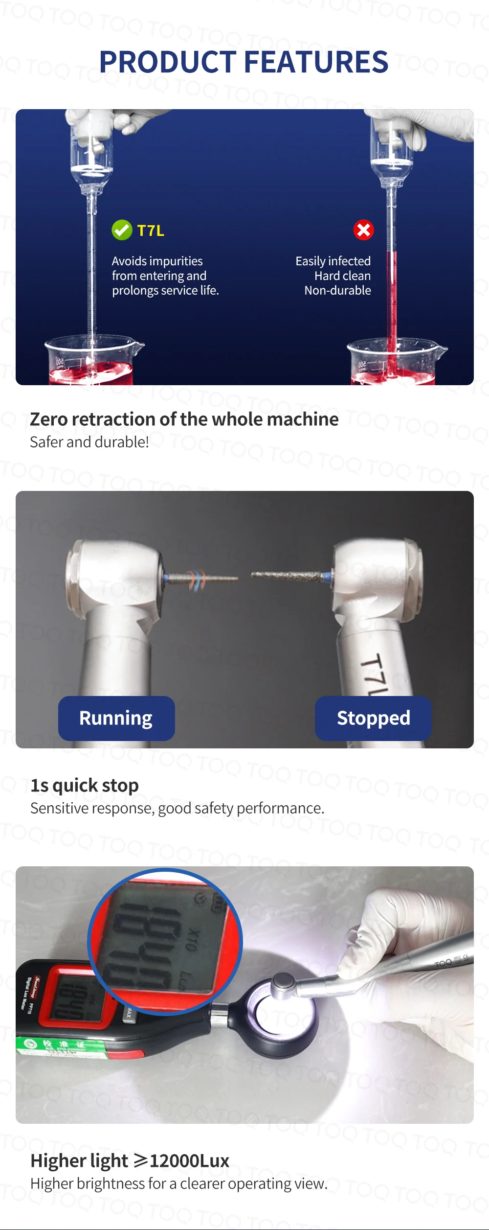 TOQ T7 Series Dental High‑Speed Handpiece Zero Retraction Optical Fiber LED Air Turbine,Titanium Handle 2/4 Hole Push Button