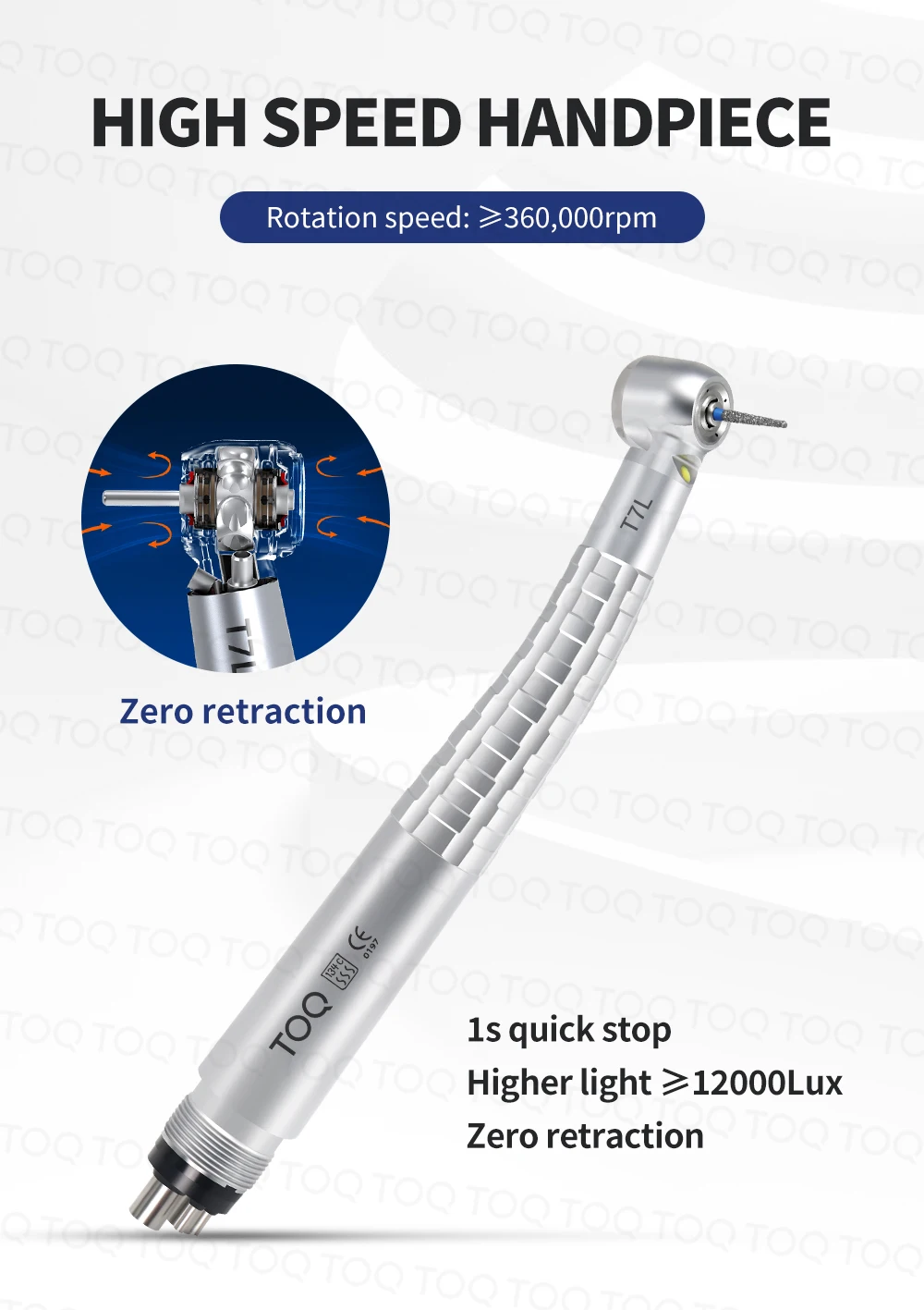 TOQ T7 Series Dental High‑Speed Handpiece Zero Retraction Optical Fiber LED Air Turbine,Titanium Handle 2/4 Hole Push Button