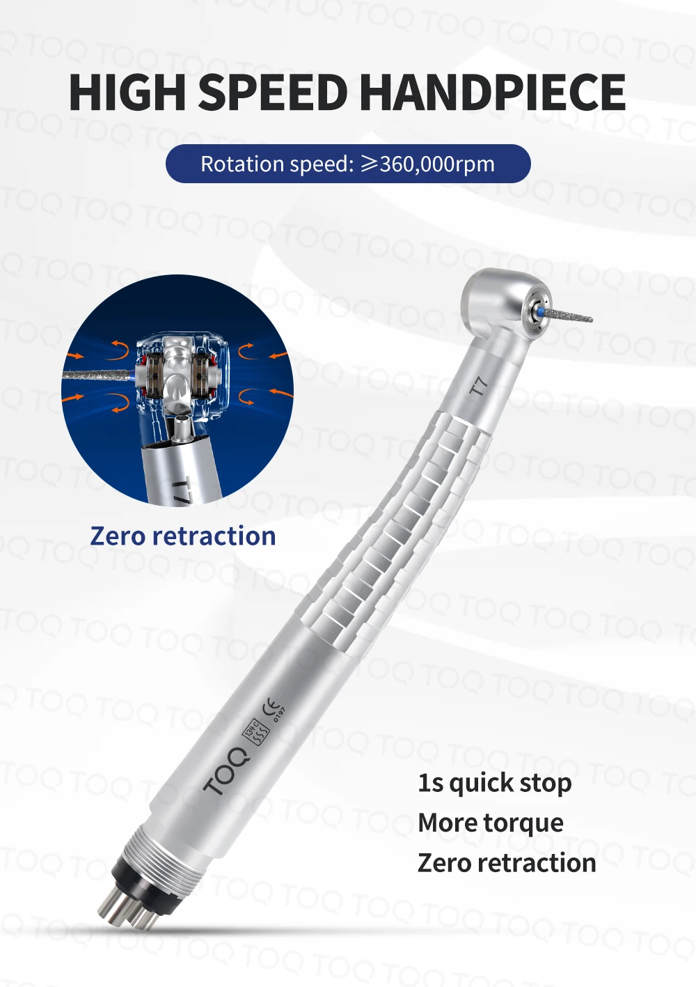 TOQ T7 Series Dental High‑Speed Handpiece Zero Retraction Optical Fiber LED Air Turbine,Titanium Handle 2/4 Hole Push Button