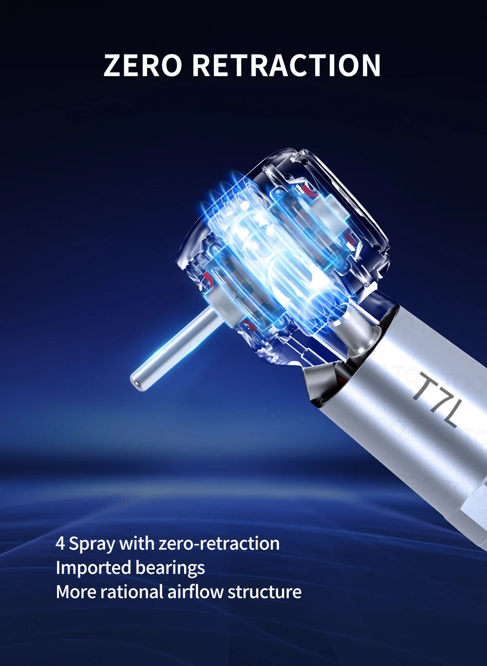 TOQ T7 Series Dental High‑Speed Handpiece Zero Retraction Optical Fiber LED Air Turbine,Titanium Handle 2/4 Hole Push Button