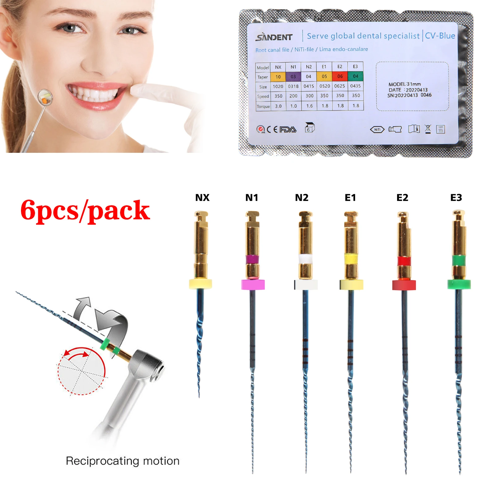 6pcs/1Pack Dental Endo Files Endodontic NiTi Rotary Root Canal Reciprocating File 21/25/31mm Machine Use for Shaping & Cleaning