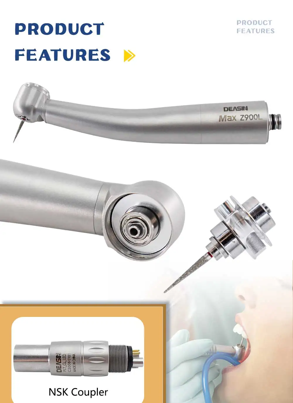 DEASIN Dental stainless steel handpiece Z9000L high speed standard head handpiece air turbine optical fiber tooth equipment