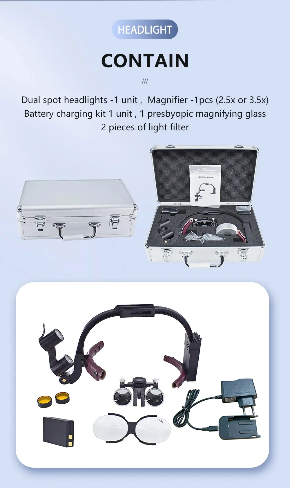 2.5x/3.5x Popular Dental LED Surgical Headlight 5W Colorful Magnifier Binocular Loupes Convenient for Doctors to Operate Recharg