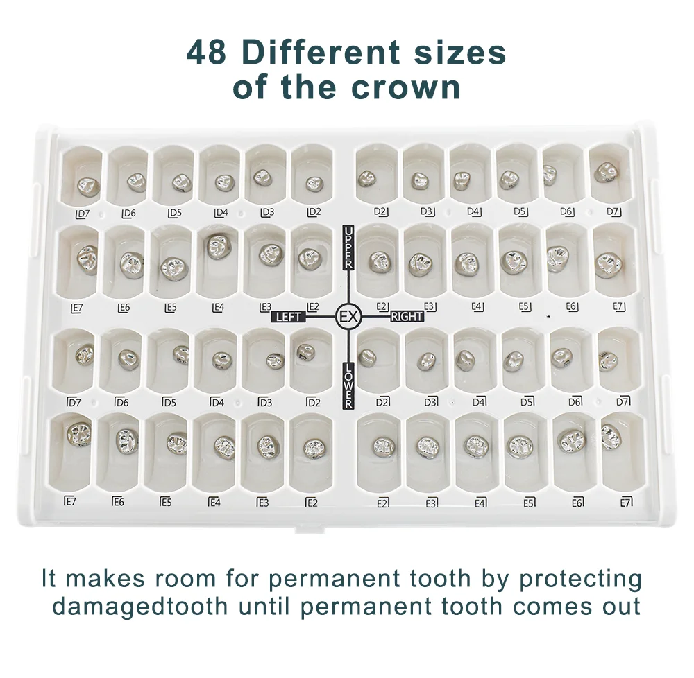 48/96 Pcs Preformed Stainless Steel Dental Temporary Crowns Primary Molar Crown Kit for Adults & Kids