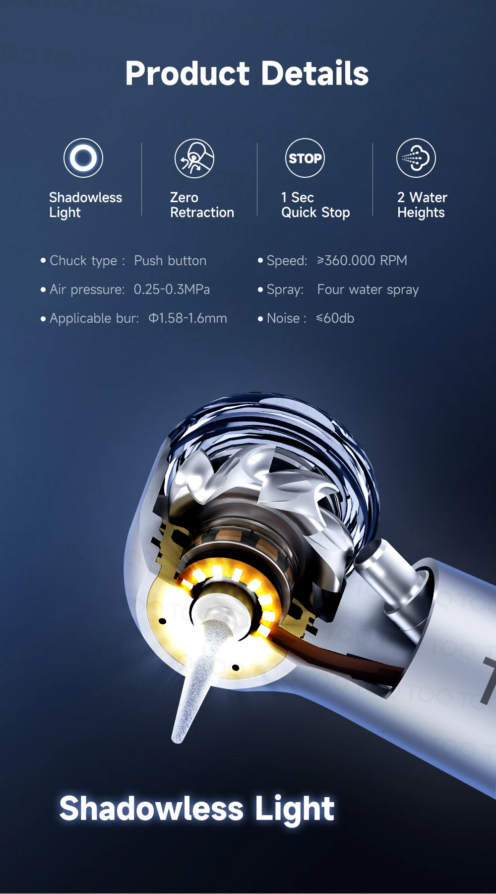 High Speed Handpiece TOQ Dental LED Free Retraction 4 Water Spray Air Turbine 2/4 Holes Head Dentistry Instrument
